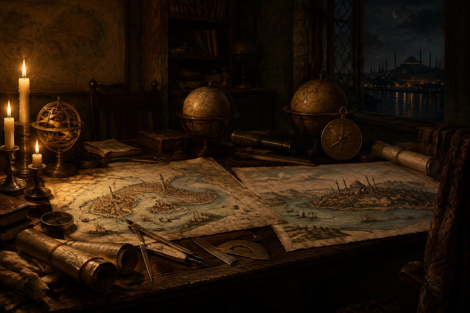 A candlelit map room with charts of two distant cities on a long table