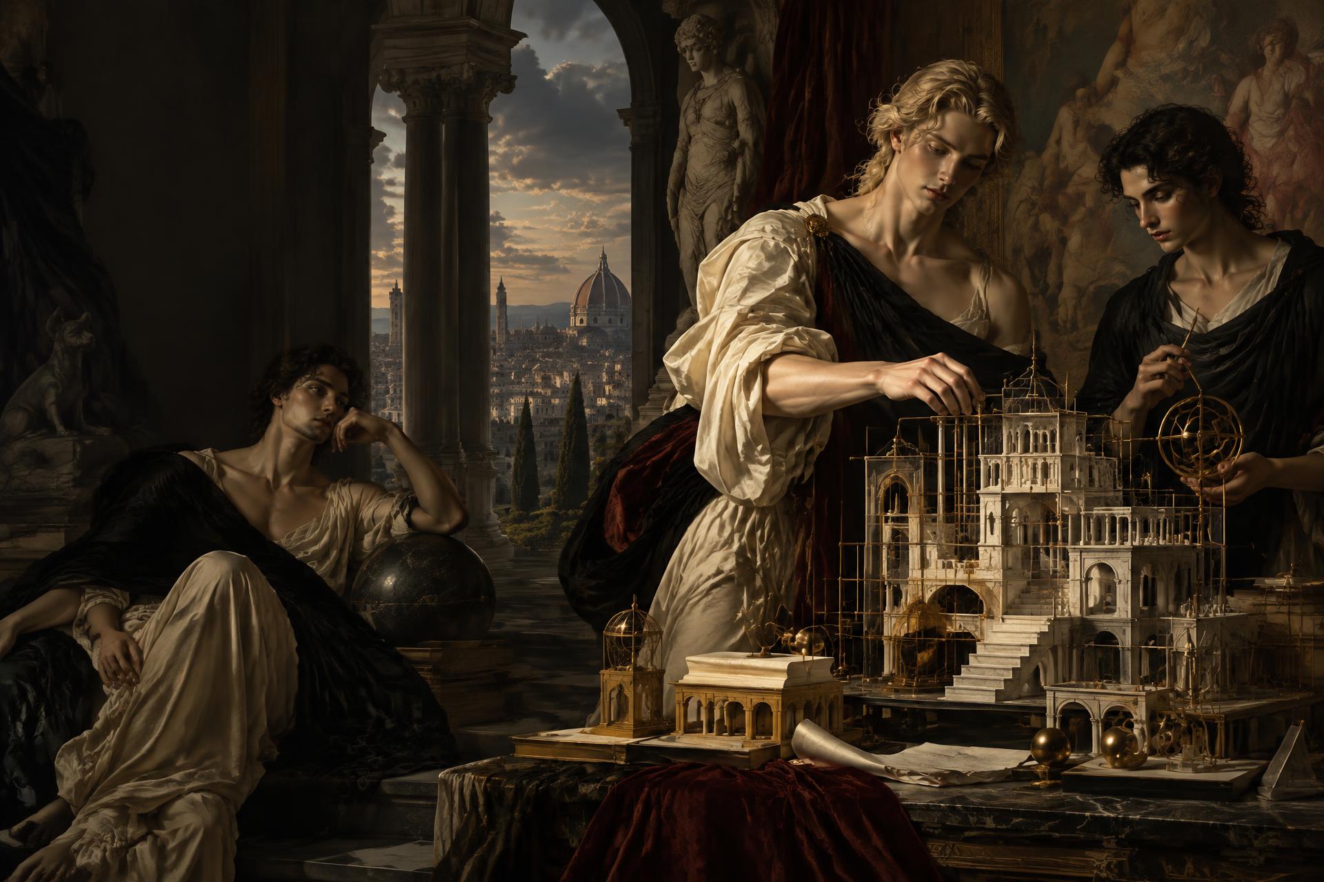 An allegorical atelier shaping an intricate architectural model